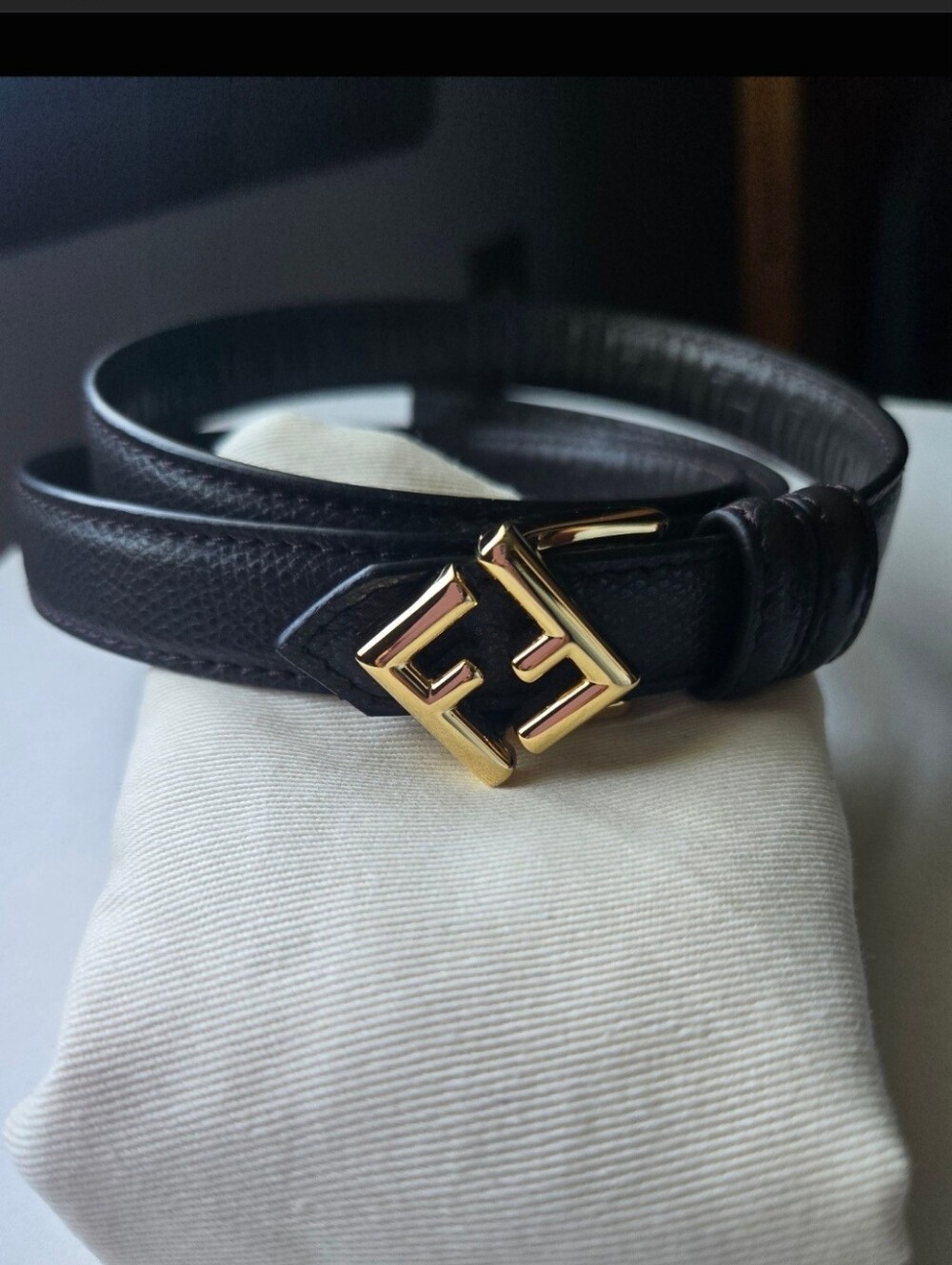 Fendi Browish/Black Leather Reversible  Belt with Gold Double-FF Buckle